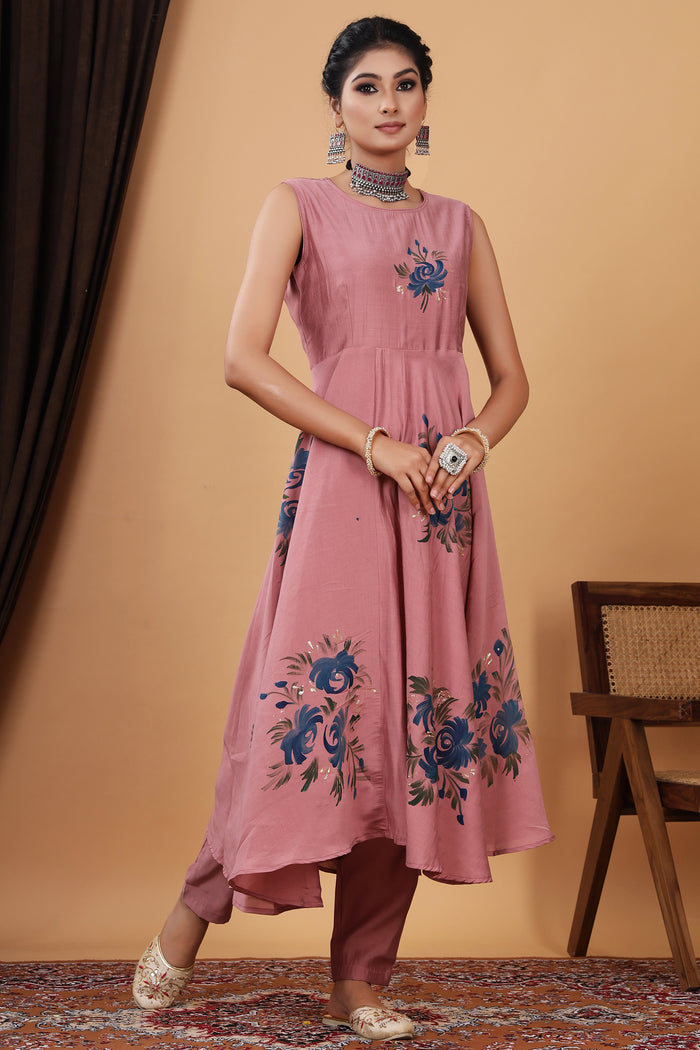 Pink Hand Painted Modal Silk Kurta Set