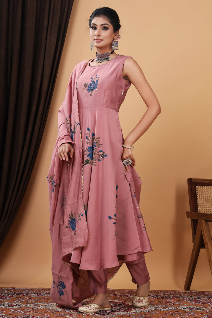 Pink Hand Painted Modal Silk Kurta Set