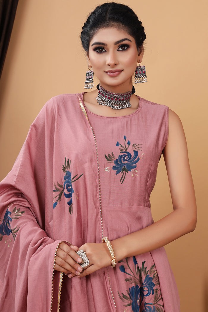 Pink Hand Painted Modal Silk Kurta Set