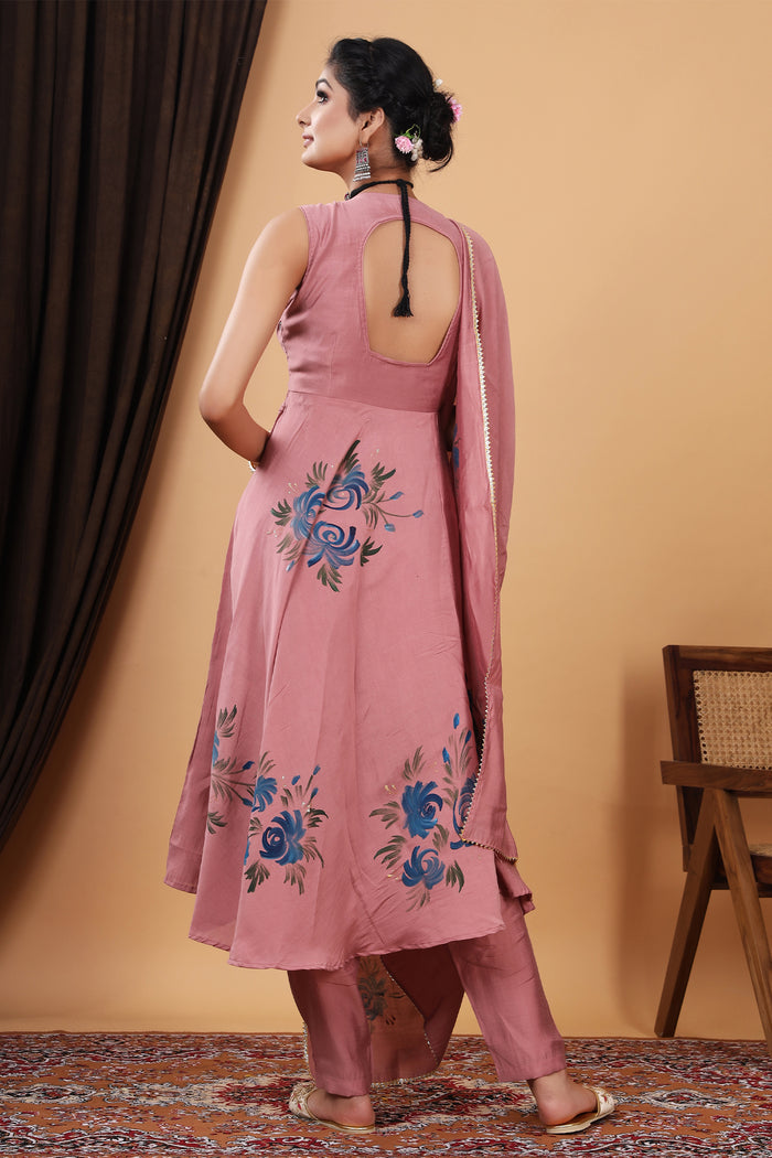 Pink Hand Painted Modal Silk Kurta Set