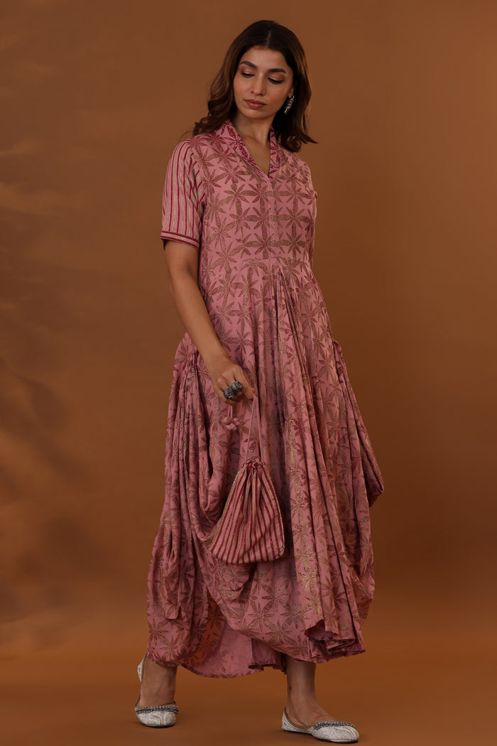 <img> Pink Handcrafted Double Side Drape Cotton Chola Dress