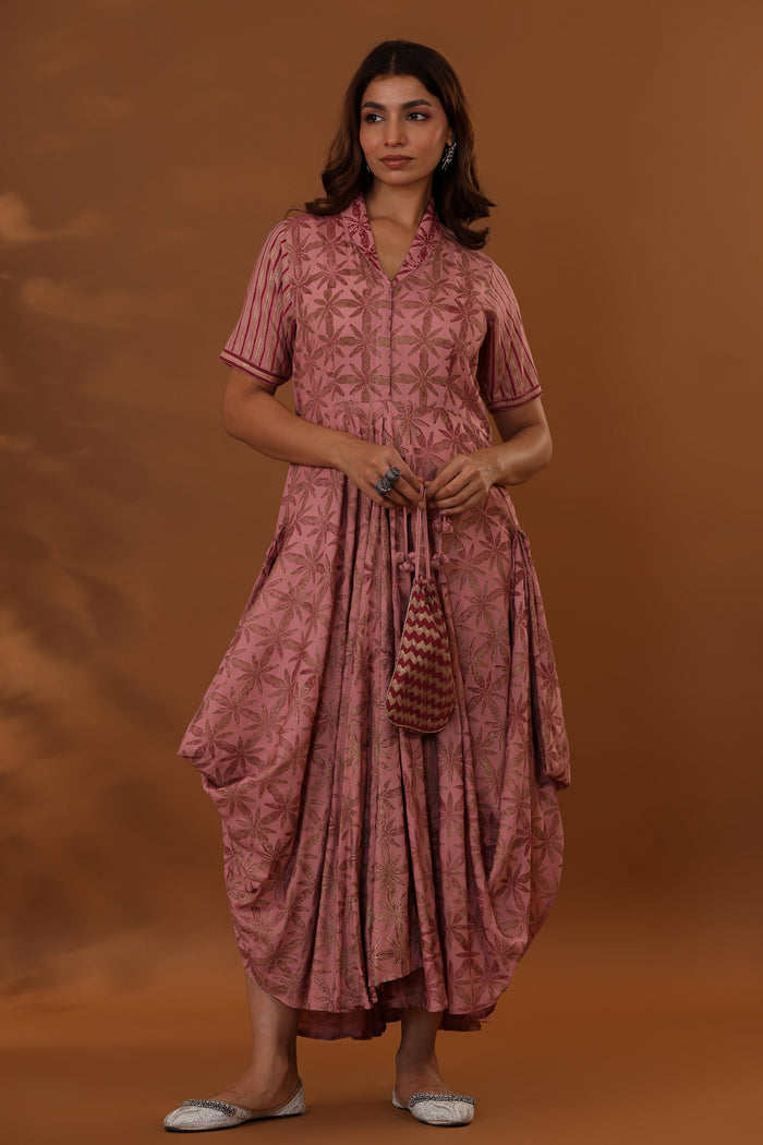 <img> Pink Handcrafted Double Side Drape Cotton Chola Dress