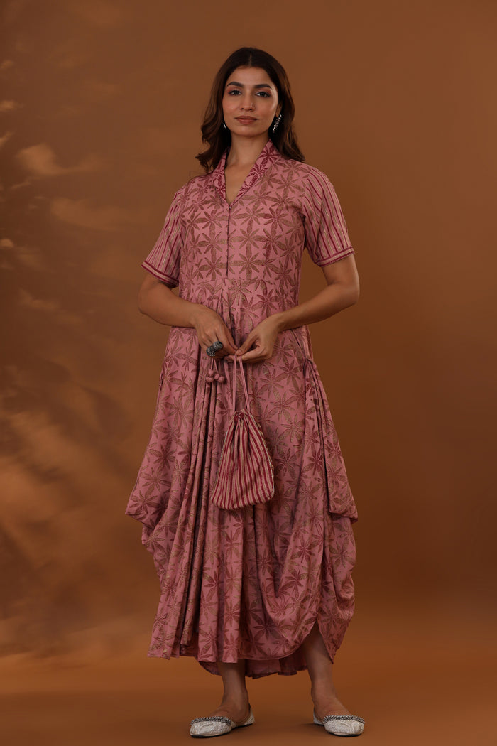 <img> Pink Handcrafted Double Side Drape Cotton Chola Dress