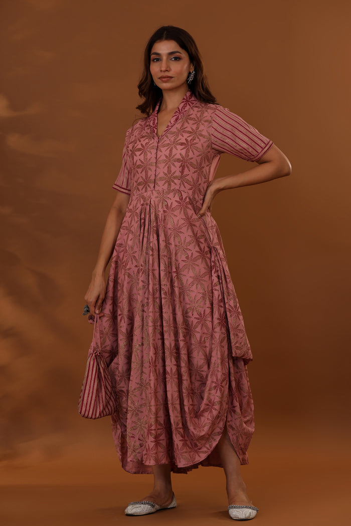 <img> Pink Handcrafted Double Side Drape Cotton Chola Dress
