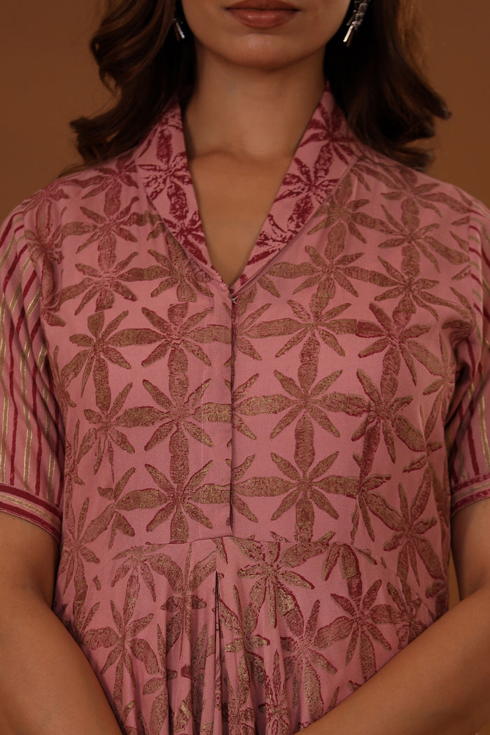 <img> Pink Handcrafted Double Side Drape Cotton Chola Dress