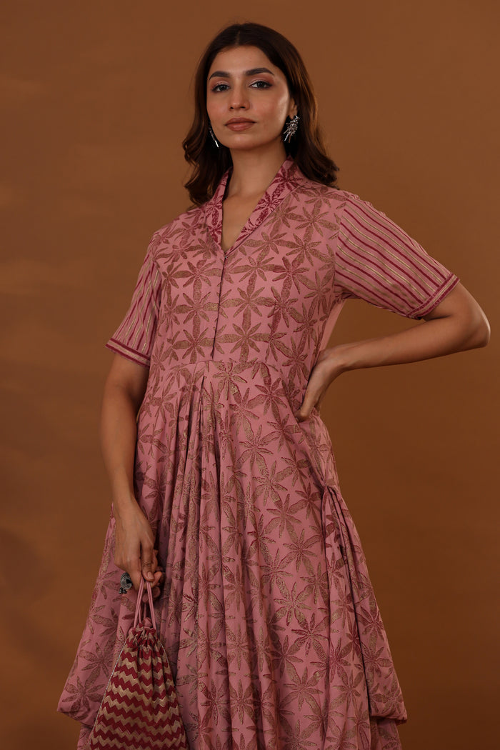<img> Pink Handcrafted Double Side Drape Cotton Chola Dress