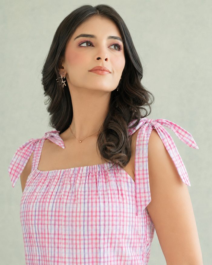 Pink Multi-Check Cotton Coord Set with Tie-Strap Detail