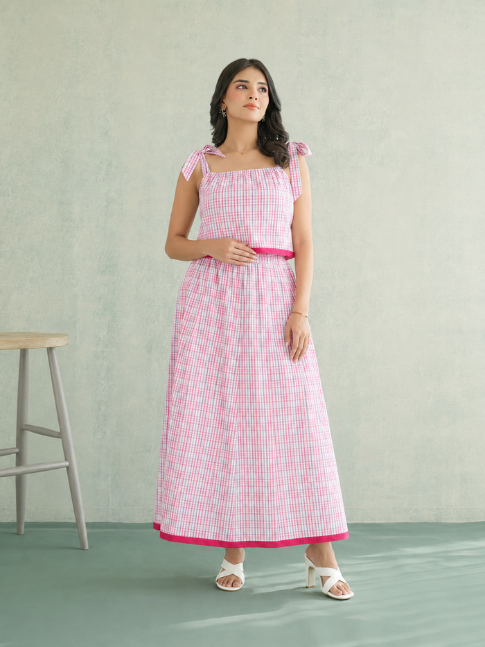 Pink Multi-Check Cotton Coord Set with Tie-Strap Detail