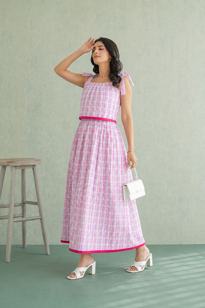 Pink Multi-Check Cotton Coord Set with Tie-Strap Detail