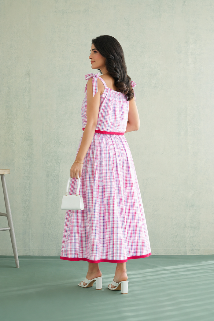 Pink Multi-Check Cotton Coord Set with Tie-Strap Detail