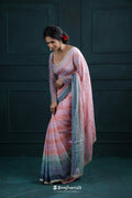 <img> Pink-Peach Printed Georgette Saree With Hand Embroidery