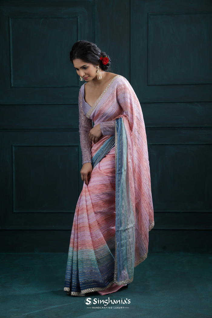 <img> Pink-Peach Printed Georgette Saree With Hand Embroidery