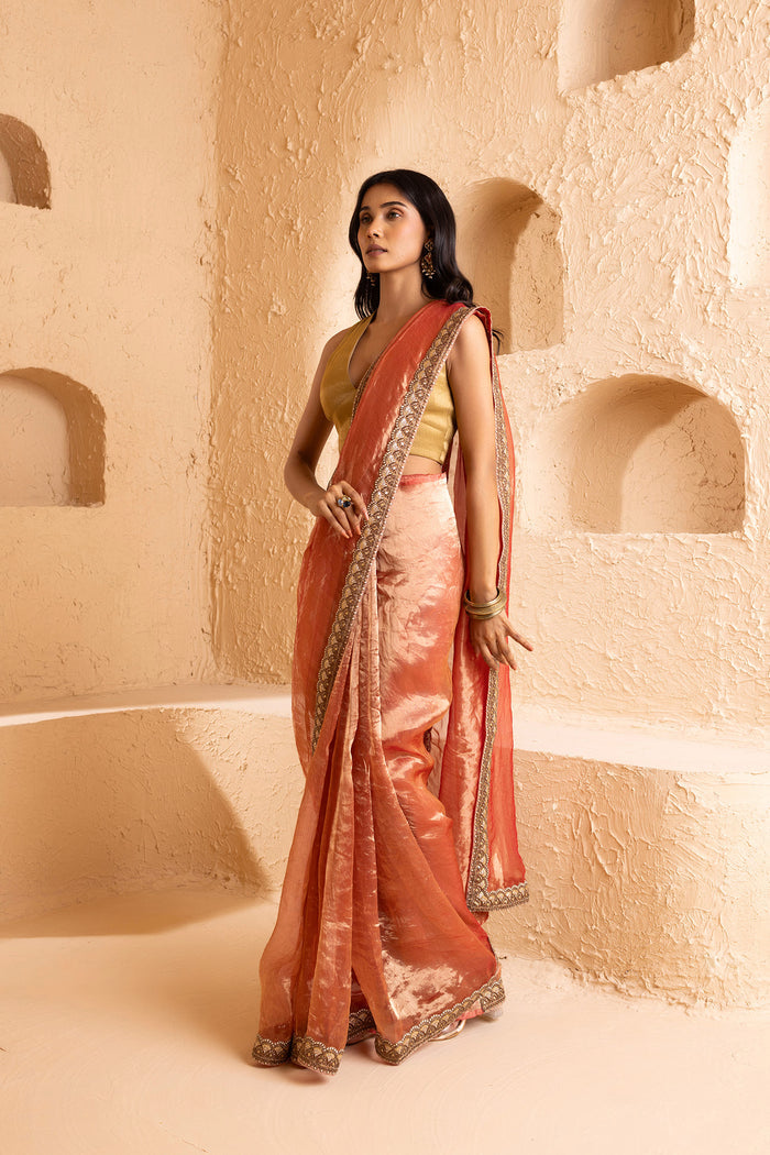 Pink Silk Tissue Saree With Fancy Border