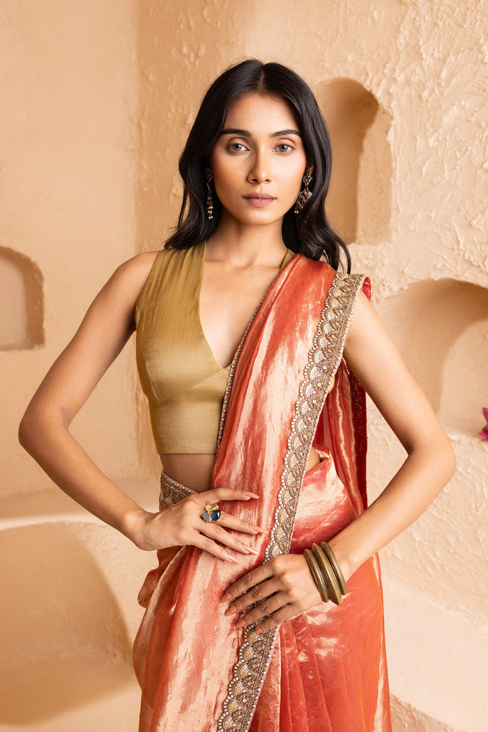 Pink Silk Tissue Saree With Fancy Border