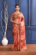 Pinkish Orange Floral Printed Tissue Saree