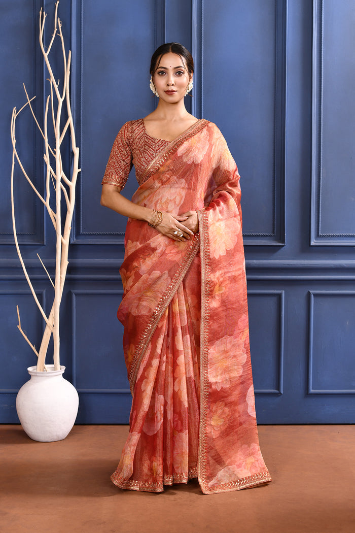 Pinkish Orange Floral Printed Tissue Saree