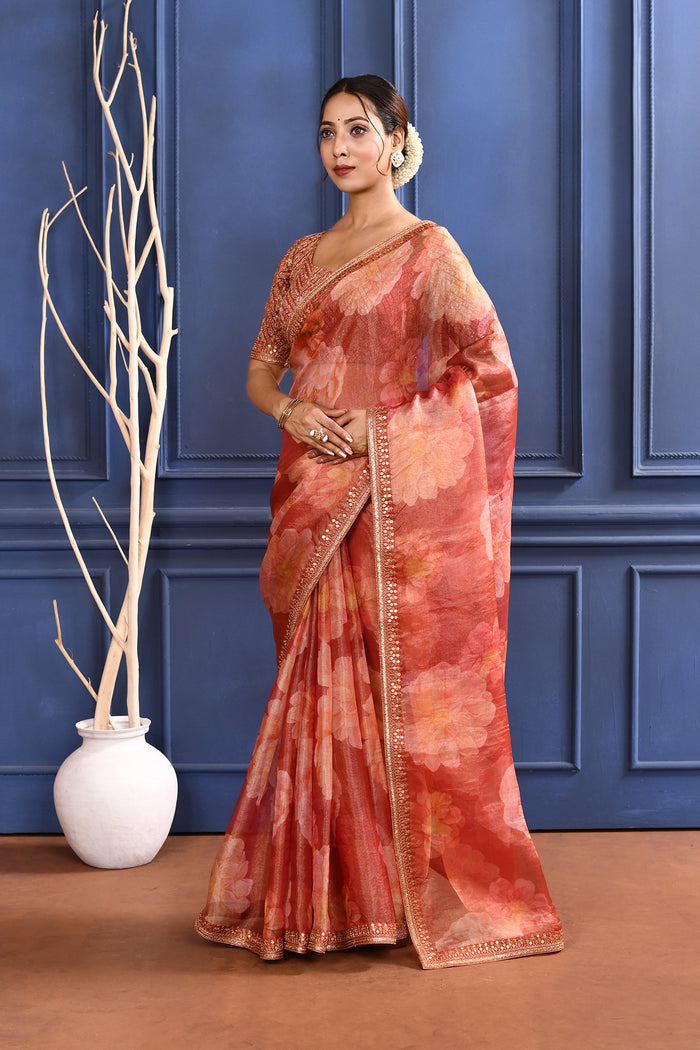 Pinkish Orange Floral Printed Tissue Saree