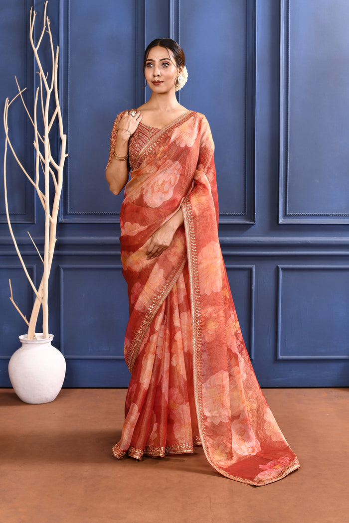 Pinkish Orange Floral Printed Tissue Saree