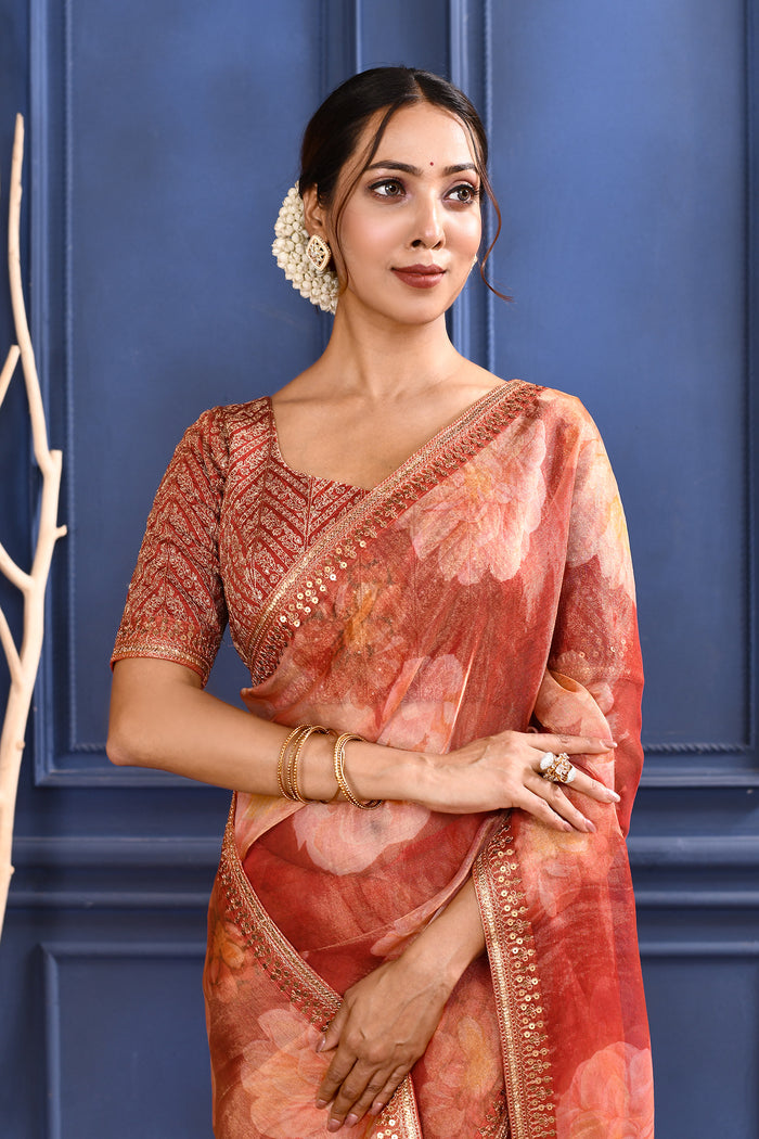 Pinkish Orange Floral Printed Tissue Saree