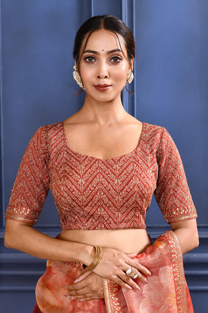 Pinkish Orange Floral Printed Tissue Saree
