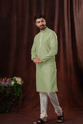 Pista Silk Kurta Set With Embroidery Work