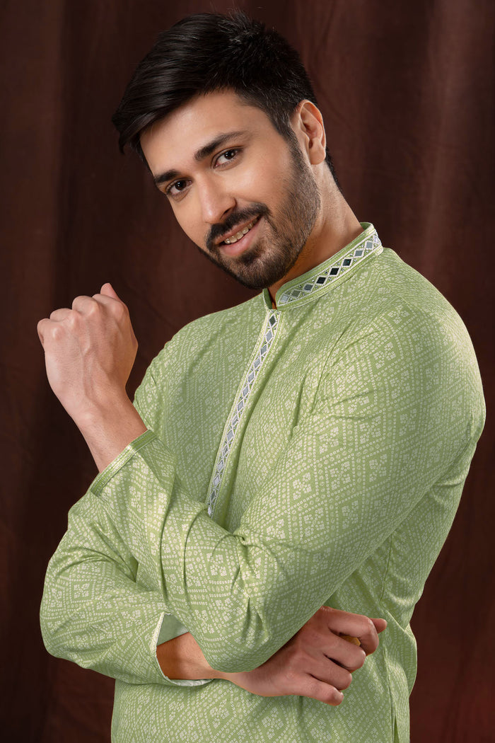 Pista Silk Kurta Set With Embroidery Work