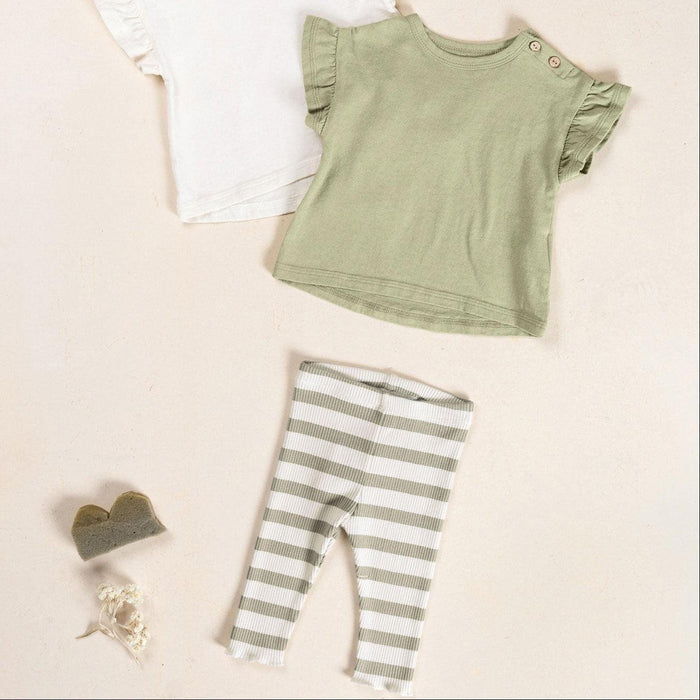 Play Up - Organic Cotton Linen Ruffle T-Shirt - Khaki-Short Sleeves-0-3M (3M)-Posh Baby