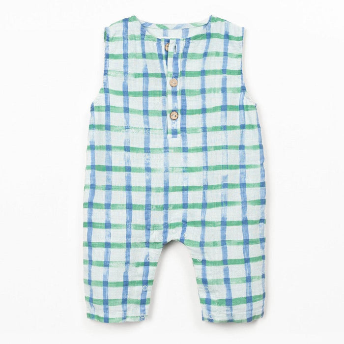 Play Up - Organic Cotton Printed Romper - Blue Check-Footies + Rompers (Fashion)-0-3M (3M)-Posh Baby