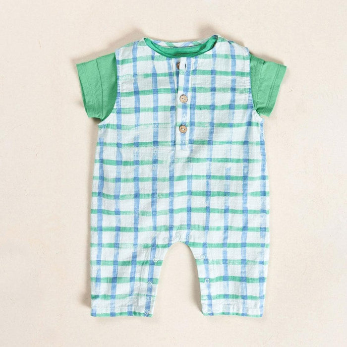 Play Up - Organic Cotton Printed Romper - Blue Check-Footies + Rompers (Fashion)-0-3M (3M)-Posh Baby
