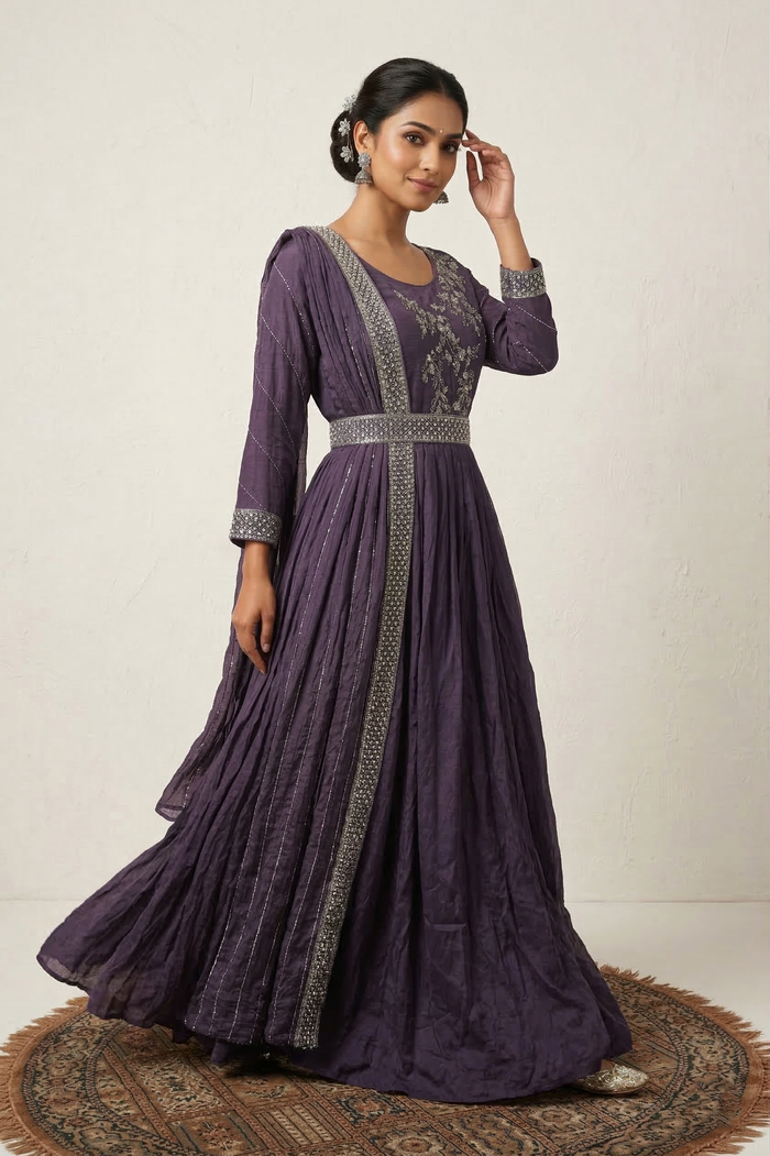 Plum Purple Crepe Embroidered Anarkali Set