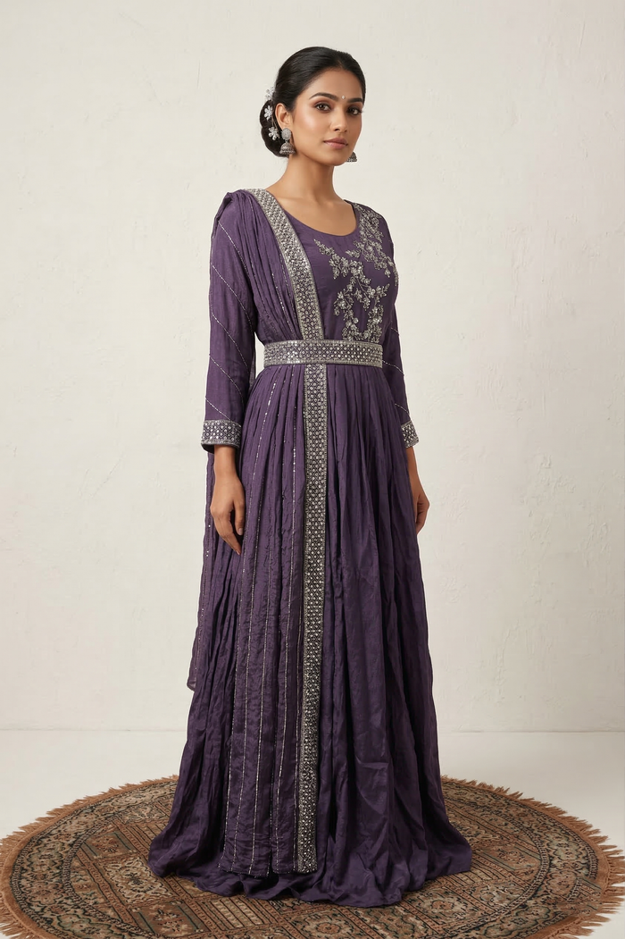 Plum Purple Crepe Embroidered Anarkali Set