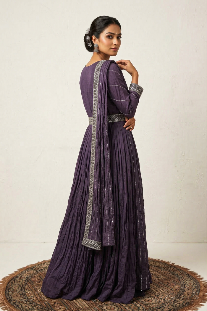 Plum Purple Crepe Embroidered Anarkali Set