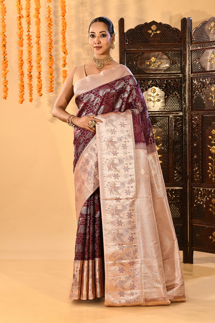 Plum Purple Floral Kanjivaram Silk Saree
