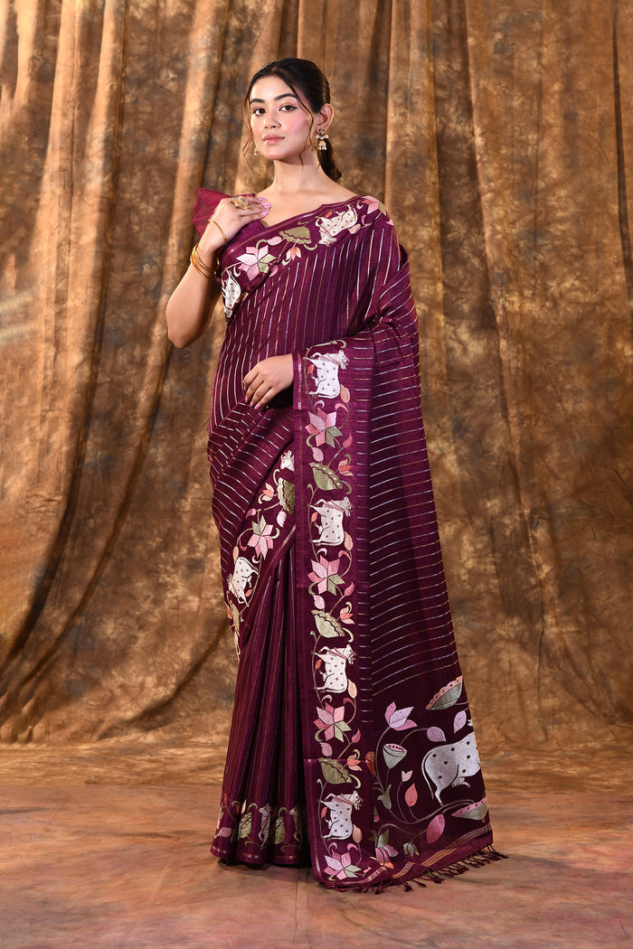 Plum Purple Floral Tissue Silk Saree