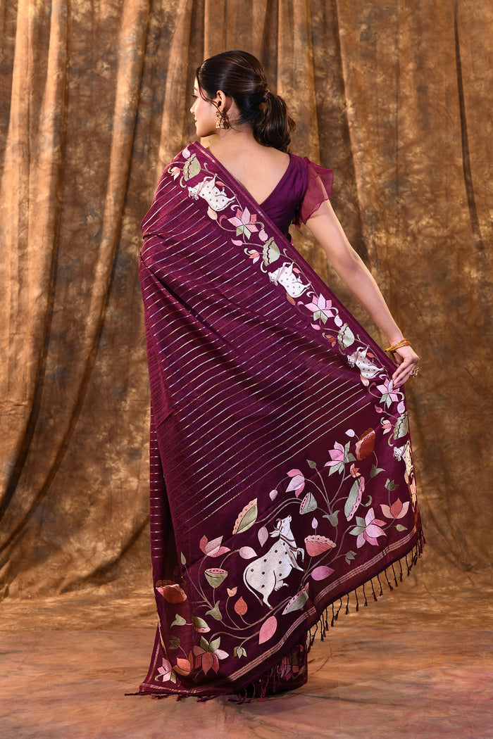 Plum Purple Floral Tissue Silk Saree
