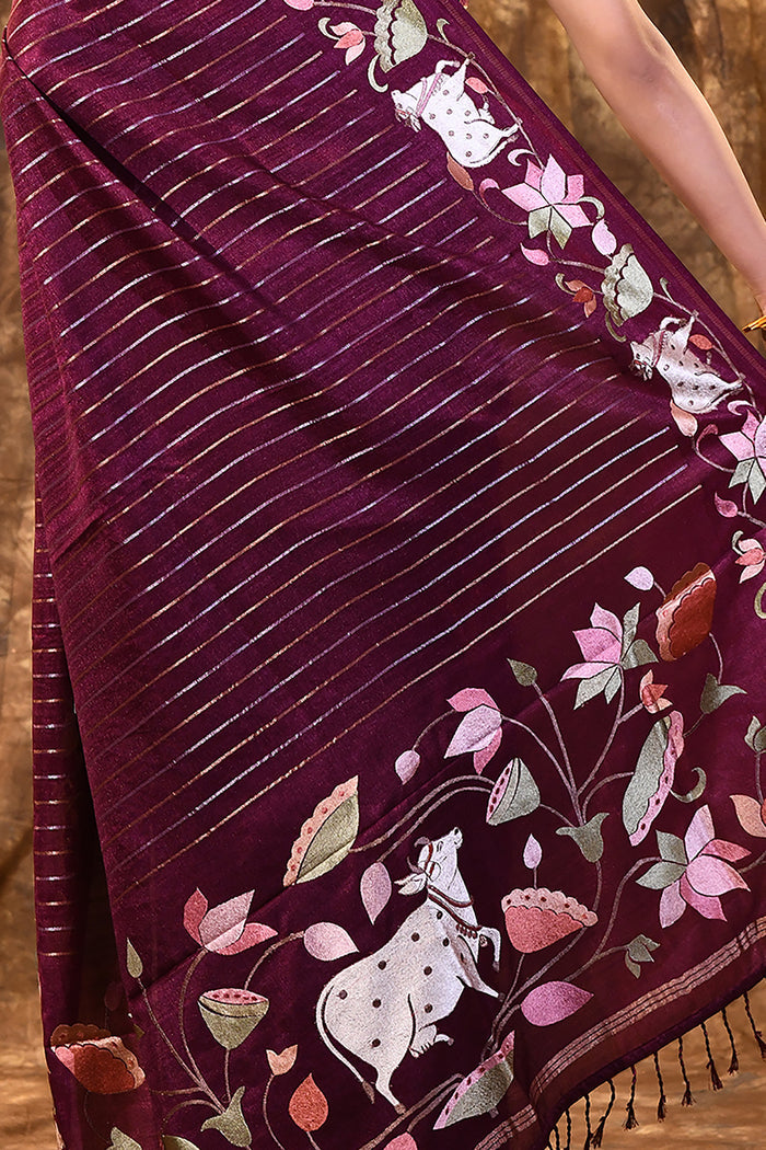 Plum Purple Floral Tissue Silk Saree