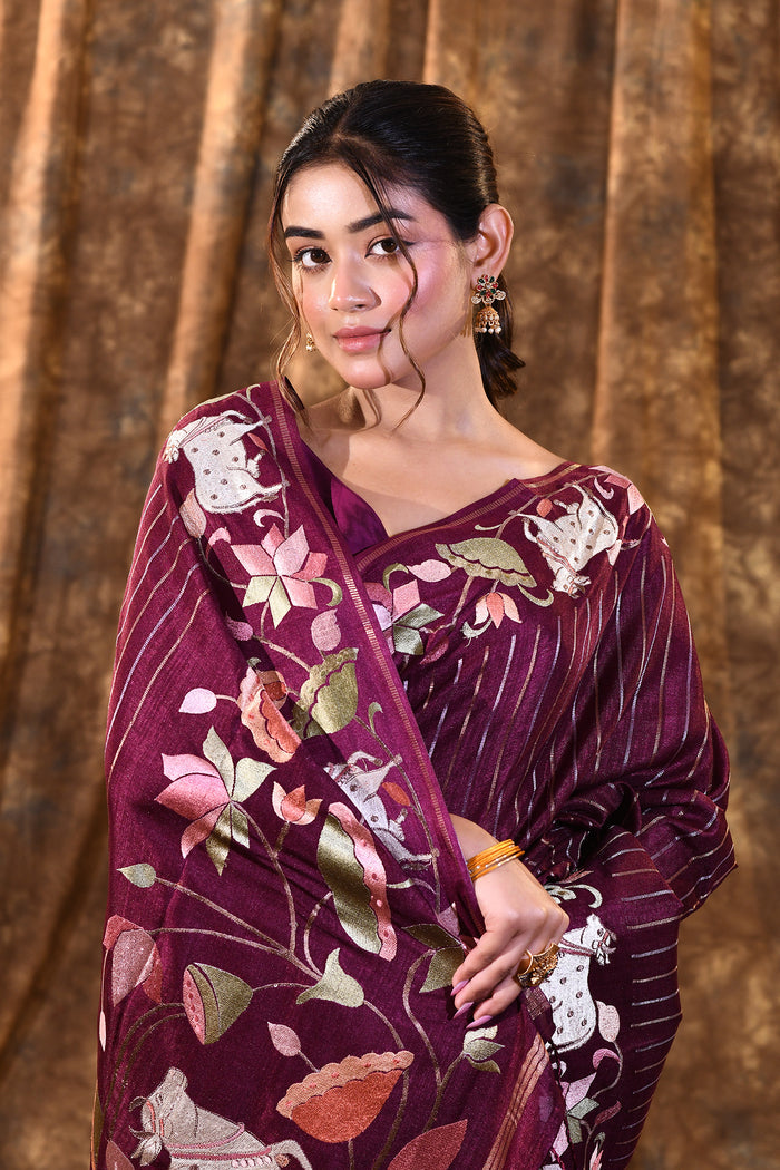 Plum Purple Floral Tissue Silk Saree