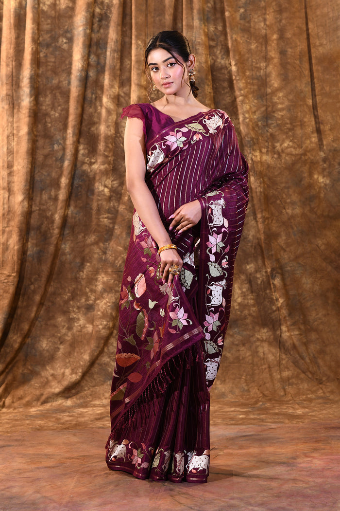 Plum Purple Floral Tissue Silk Saree
