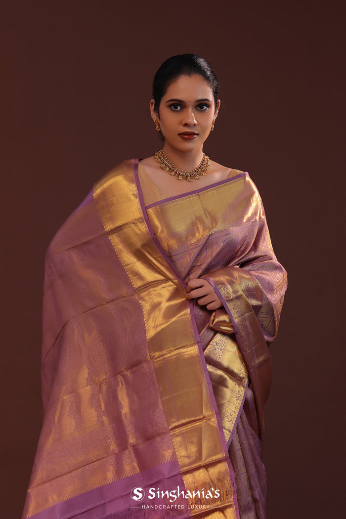 Plum Purple Kanjivaram Silk Saree With Peacock Motifs