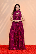 Plum Purple Satin Silk Floral Printed Anarkali Set