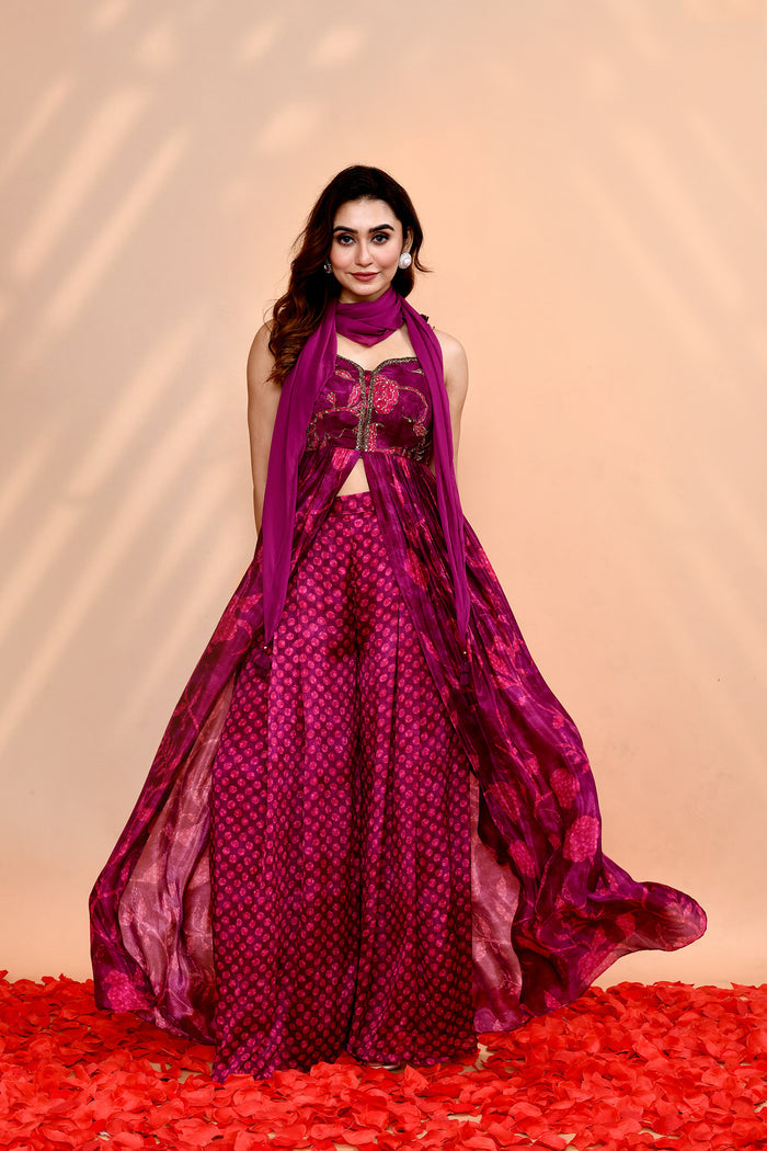Plum Purple Satin Silk Floral Printed Anarkali Set