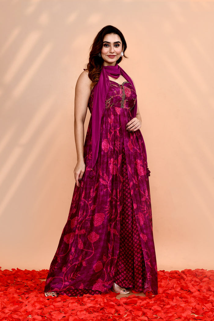 Plum Purple Satin Silk Floral Printed Anarkali Set