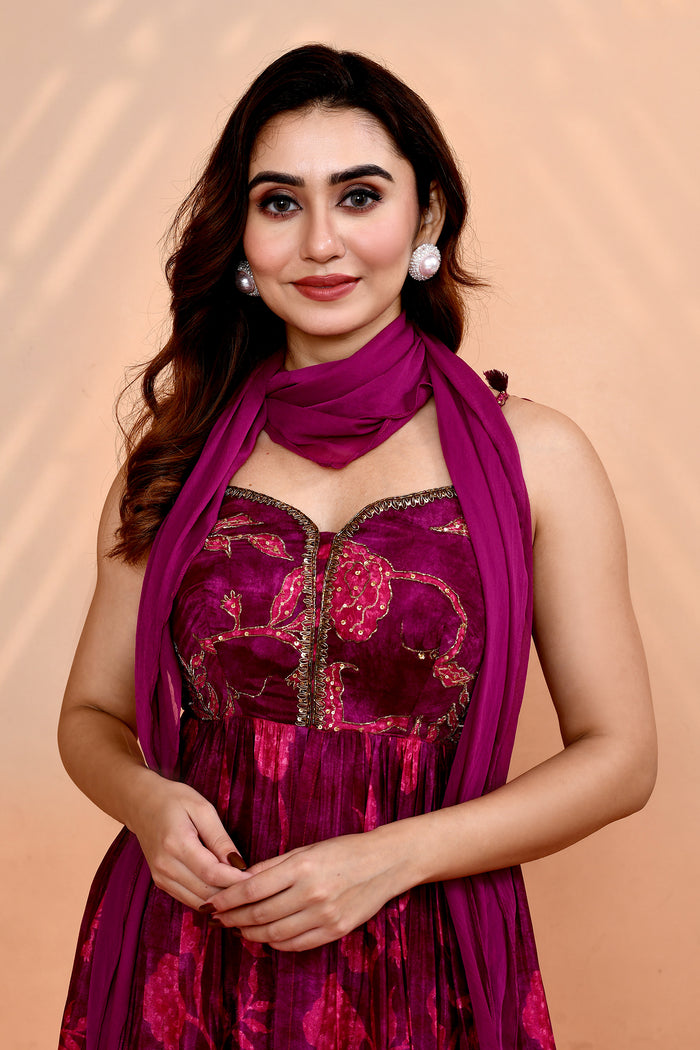 Plum Purple Satin Silk Floral Printed Anarkali Set