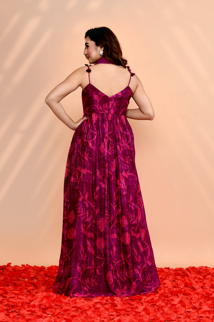 Plum Purple Satin Silk Floral Printed Anarkali Set