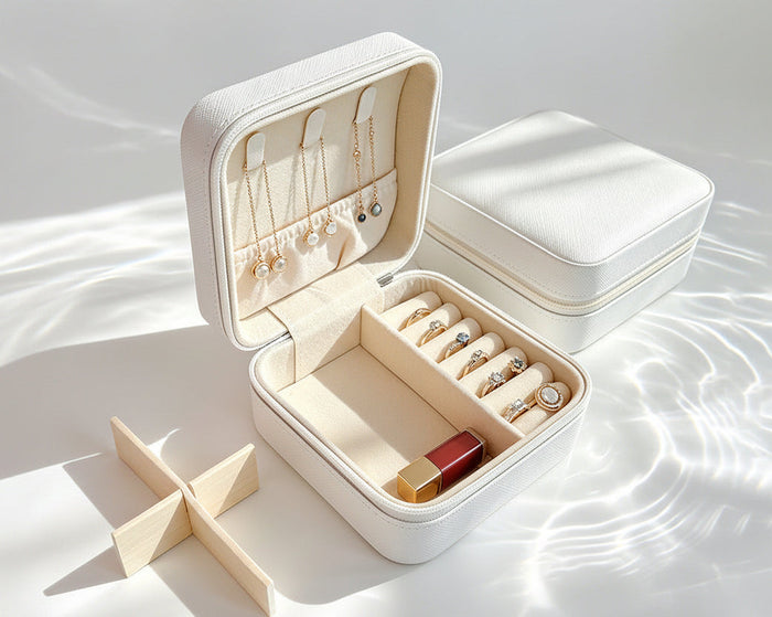 White travel jewelry organizer with adjustable cross dividers for flexible storage of rings, necklaces, and larger jewelry