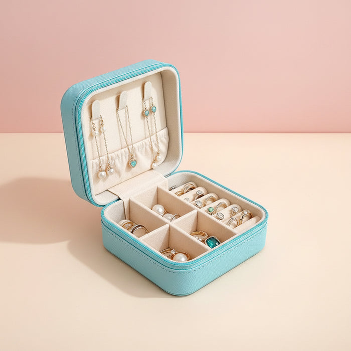 Portable travel jewelry organizer with four storage sections, six ring slots, three necklace hooks, and adjustable cross dividers