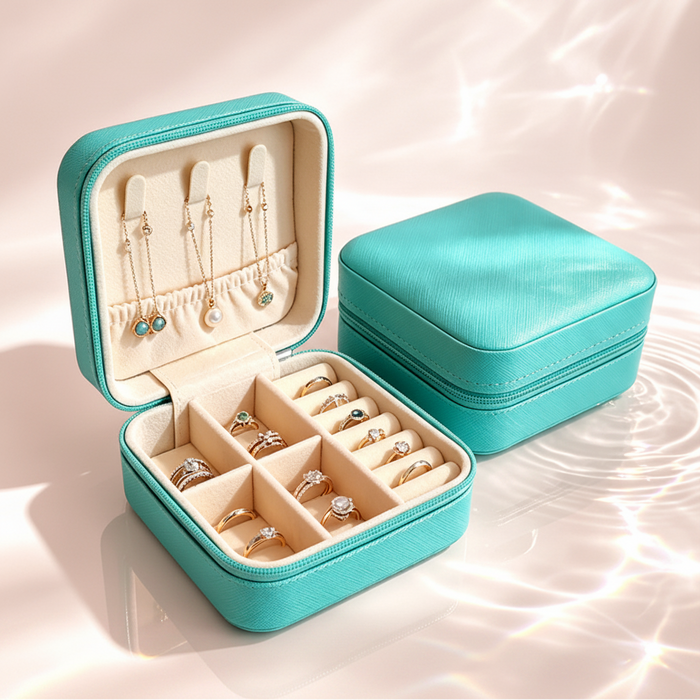Compact travel jewelry organizer with spacious storage for rings, necklaces, earrings, and everyday accessories