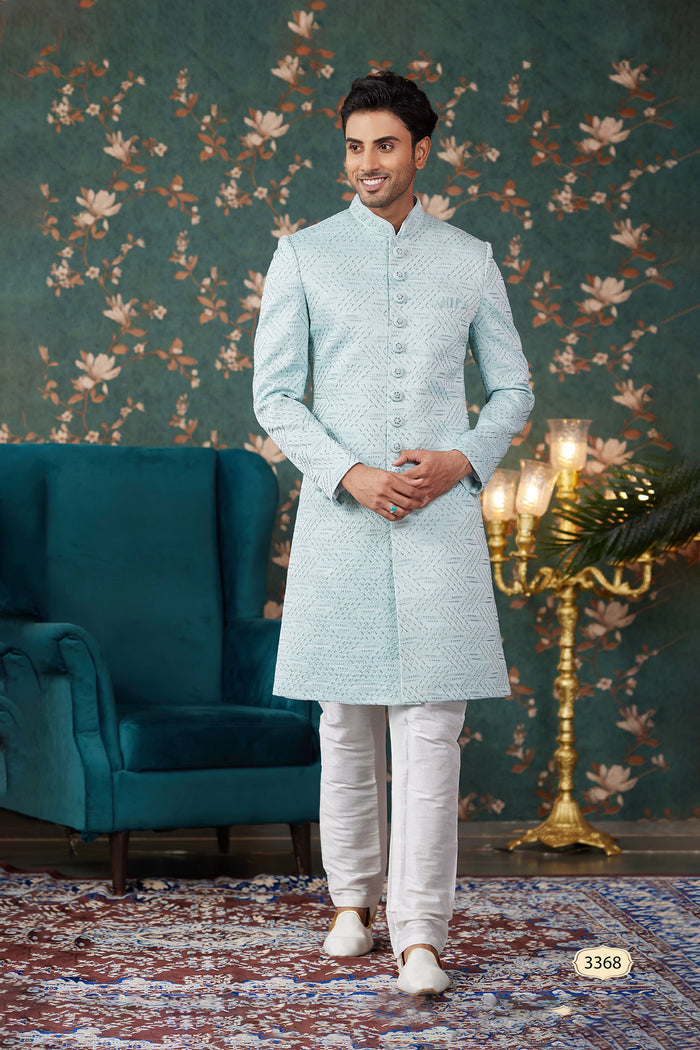 Powder Blue Art Silk Sherwani Set