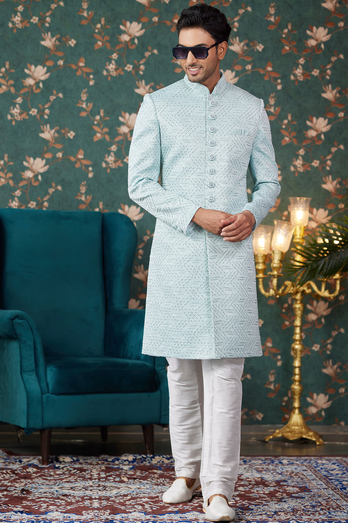 Powder Blue Art Silk Sherwani Set