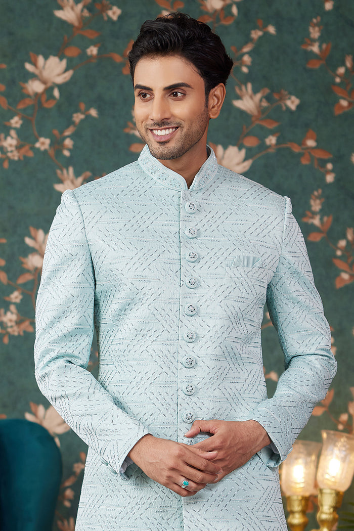 Powder Blue Art Silk Sherwani Set